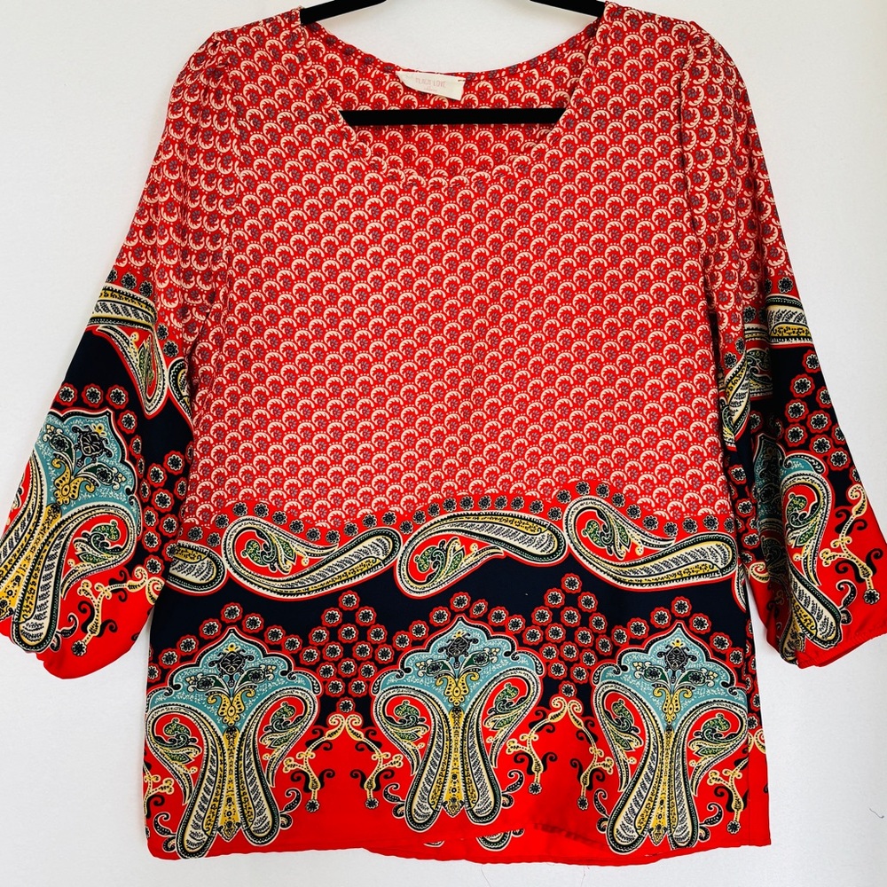 Peach Love L Red Paisley Tunic Top 3/4 Bubble Sleeves Scoop Neck Resortwear Fun